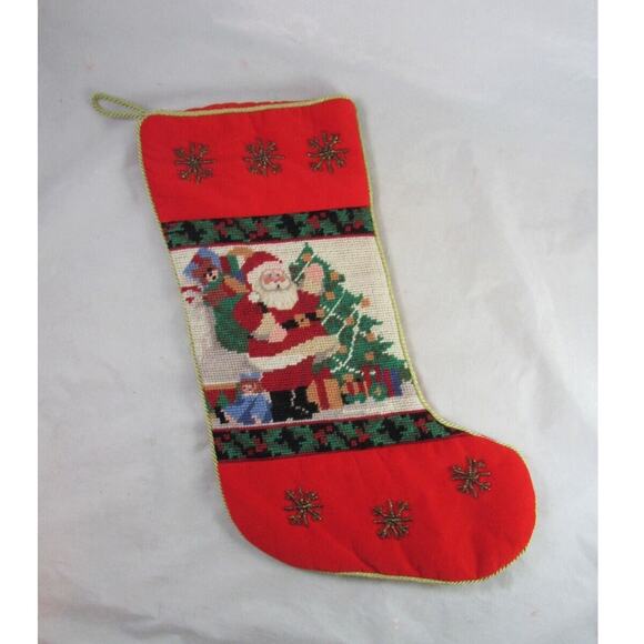 Needlepoint Christmas Stocking Santa Toys Bead Embellished Wool Holiday Decor - Picture 1 of 9